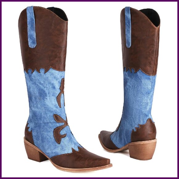 Women's Knee High Denim Cowboy Boots Patchwork Chunky Heel Pull On